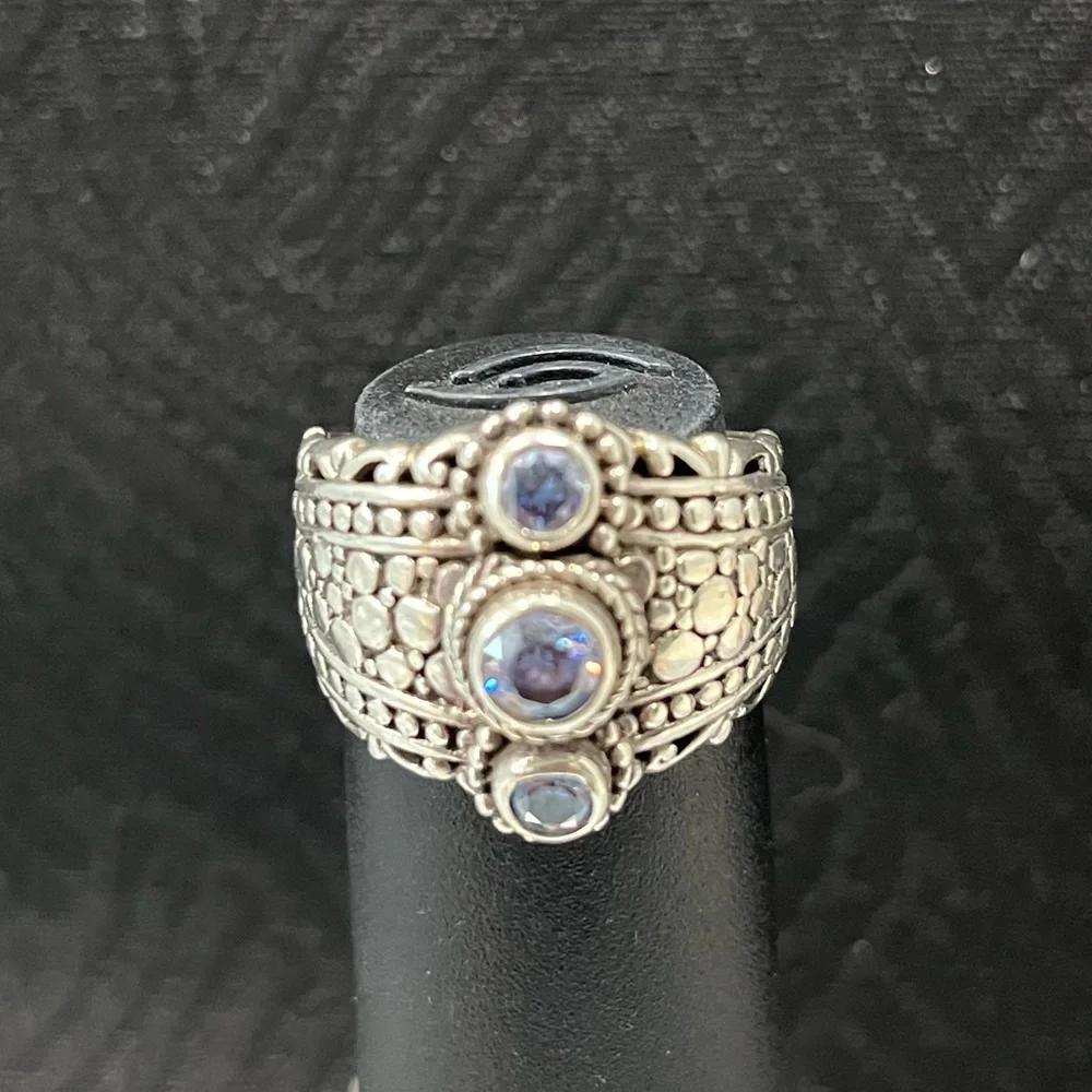 Sarda Sterling Silver Ring with 3 celestial blue Moissanite stones, size 10